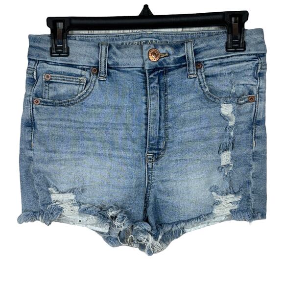American Eagle 4 Curvy Hi-Rise Shortie Jean Shorts Distressed Stretch Frayed Hem - Picture 1 of 9